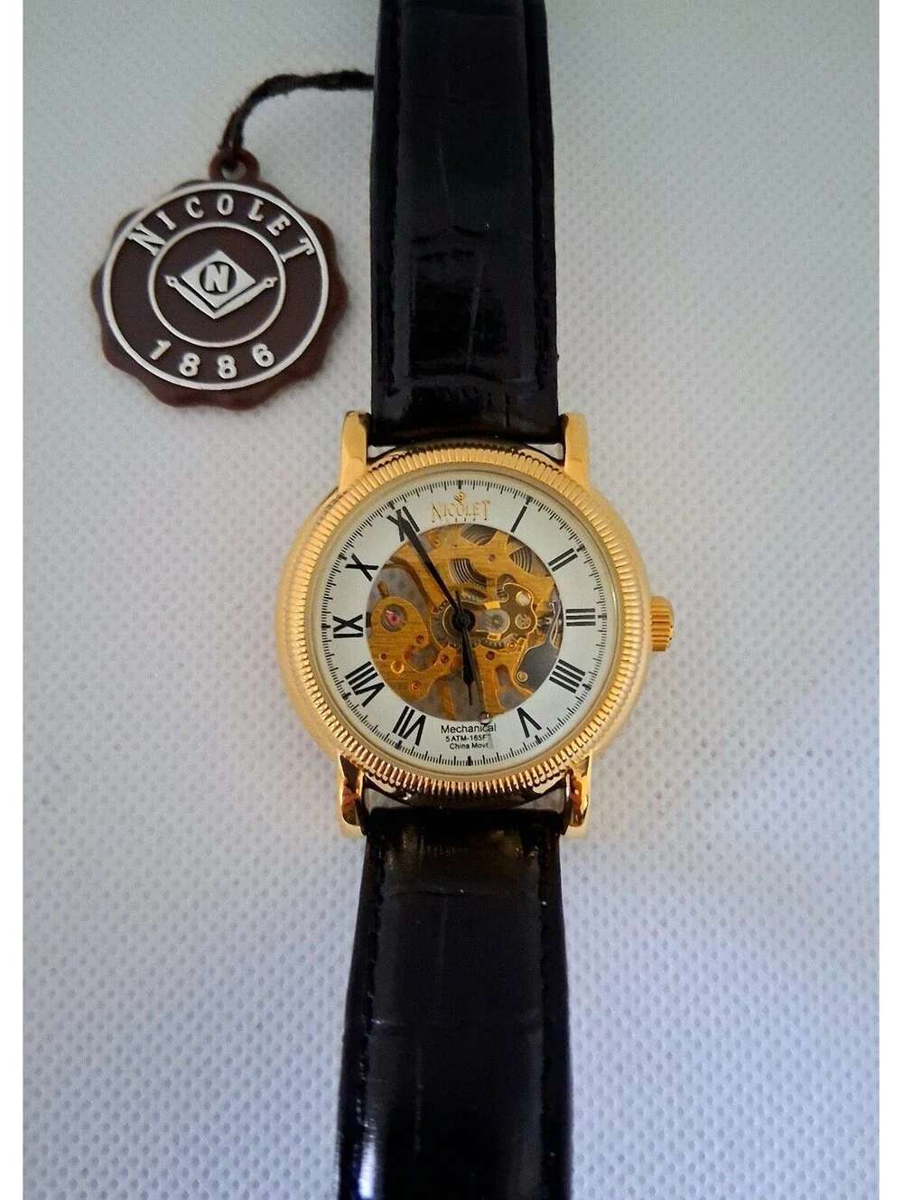 NEW in Box RARE Nicolet 1886 NT322122 Skeleton Mechanical Men's Leather Watch
